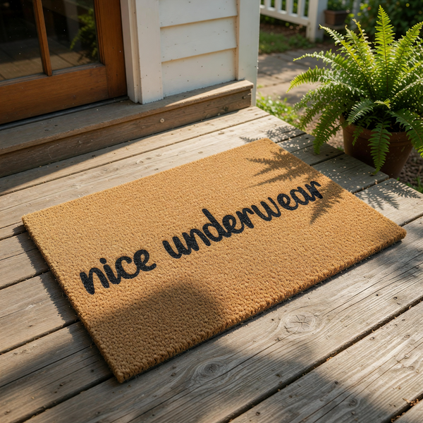 Funny nice underwear doormat with bold black text on a natural coir fiber mat, this humorous welcome mat for front porch entryways makes a cheeky housewarming decor piece for anyone who enjoys funny bathroom humor and home decor.
