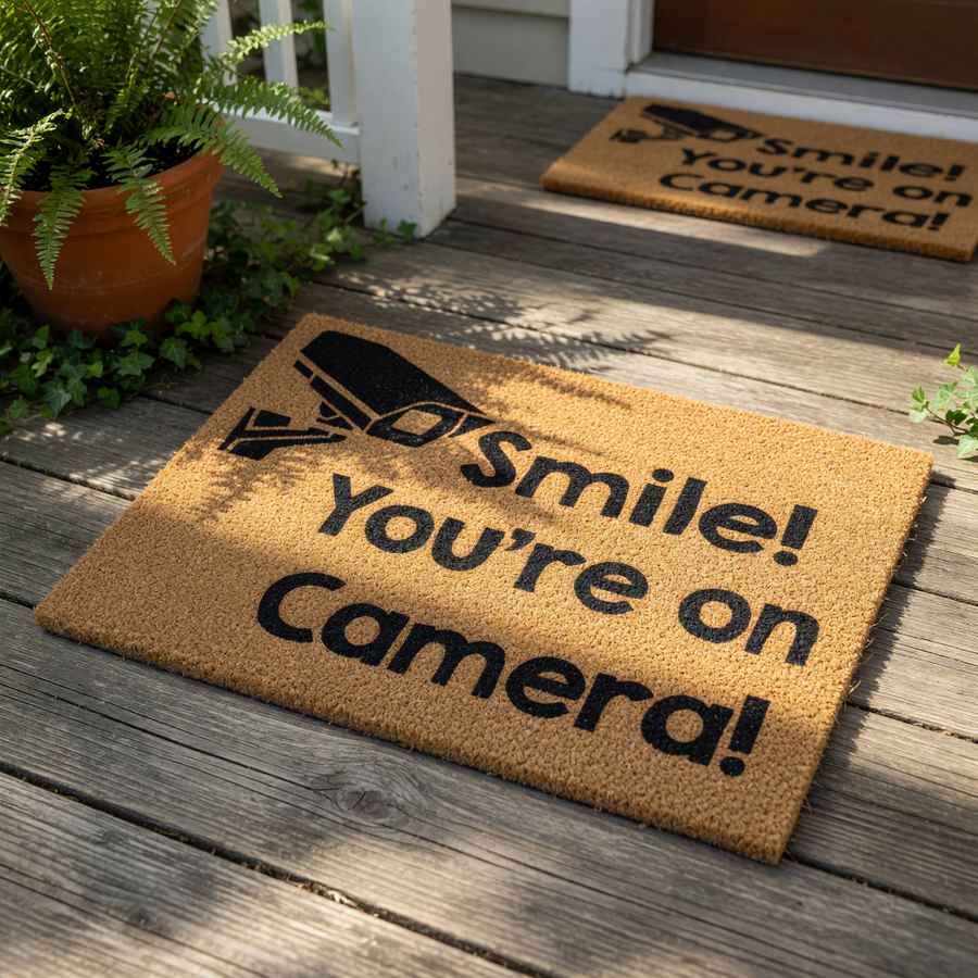 A textured doormat with a humorous message printed on it.