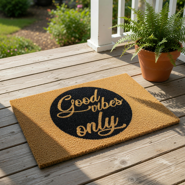 Good Vibes Only coir doormat featuring a black circular design with cursive text, this natural fiber welcome mat is a stylish front porch rug for home entryways that adds a positive look to your outdoor decor and house entrance.