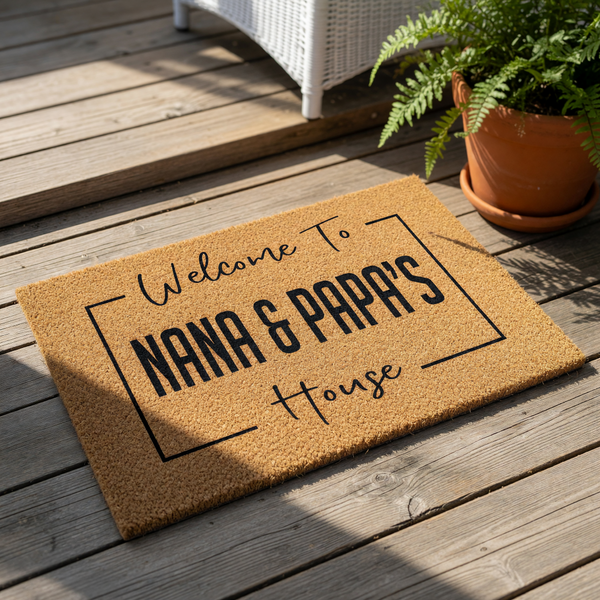Nana and Papa welcome doormat featuring a natural coir fiber texture with black printed text inside a rectangular border, making this personalized front porch rug a charming housewarming decor piece for grandparents.