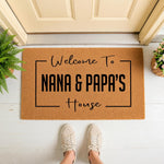 Nana and Papa personalized doormat for front porch entry, featuring a natural coir fiber welcome mat with black text in a modern frame design, perfect for a grandparent home entrance decor and outdoor floor mat entryway styling.