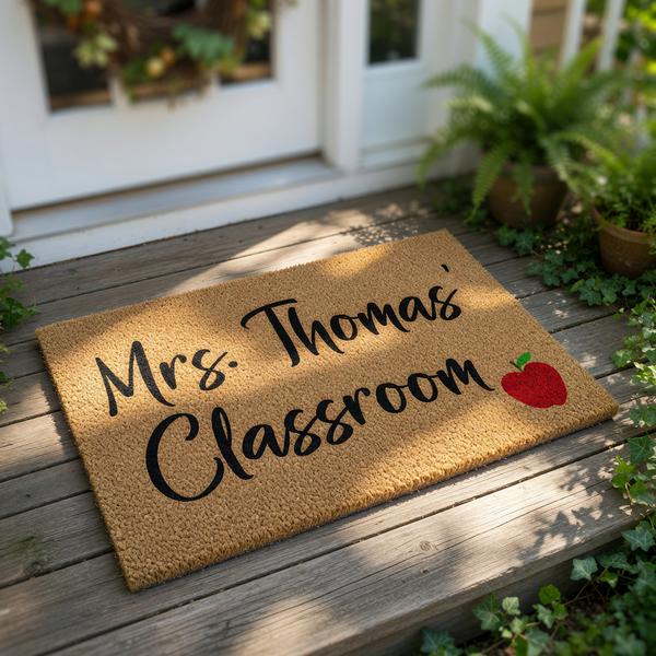 Personalized teacher classroom doormat with a red apple design, featuring custom text on a natural coir welcome mat for school entryways, perfect for a teacher appreciation gift or a fun classroom door decor accessory for