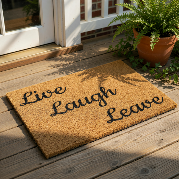 Funny Live Laugh Leave doormat with black cursive text on a natural coir fiber welcome mat, perfect for a front porch entry or housewarming decor that adds a humorous touch to your home entrance and outdoor floor mat collection.