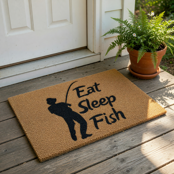 Fishing doormat with a silhouette of a fisherman casting a line and the text Eat Sleep Fish, this natural coir fiber welcome mat is a funny outdoor floor rug for a cabin, lake house, or any angler who loves fishing decor and gear.
