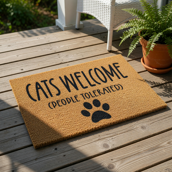 Cats Welcome People Tolerated coir doormat featuring a funny cat lover quote and a black paw print design, this natural fiber welcome mat is a humorous front porch rug for cat owners and pet lovers looking for unique home decor.