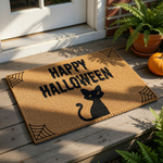 Happy Halloween doormat with a black cat silhouette and spider web corners on natural coir fiber, this spooky fall welcome mat is a festive outdoor rug for your front porch decor during the autumn holiday season.