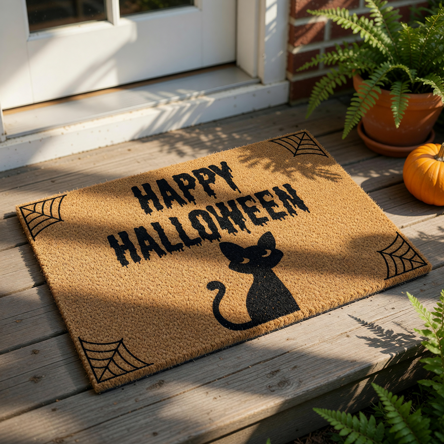 Happy Halloween doormat with a black cat silhouette and spider web corners on natural coir fiber, this spooky fall welcome mat is a festive outdoor rug for your front porch decor during the autumn holiday season.