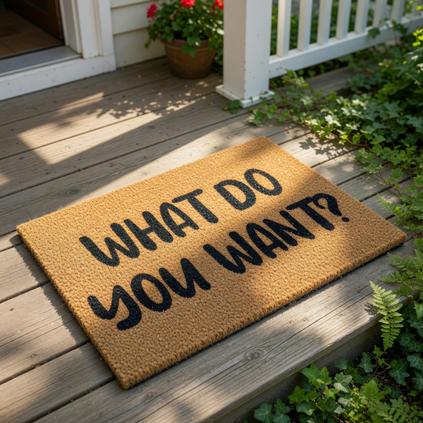 Funny doormat with the text What Do You Want printed in bold black letters on a natural coir fiber welcome mat, creating a humorous entryway rug for your front porch or home entrance that is sure to make guests laugh at the door.