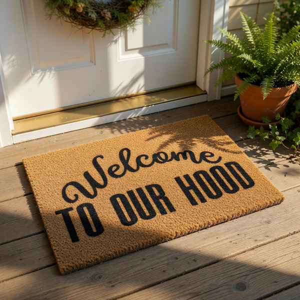Welcome to our hood coir doormat with black text, a funny front porch welcome mat for new homeowners, housewarming gift, or apartment decor, featuring durable natural fiber construction for a stylish and functional entryway floor