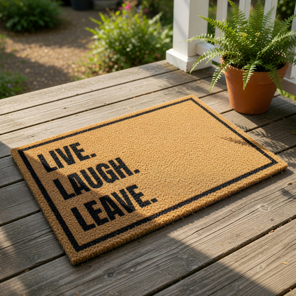 Funny coir doormat with black text reading Live Laugh Leave, this natural fiber welcome mat features a bold border design and makes a humorous front porch rug or entryway floor mat for your home decor and housewarming needs.
