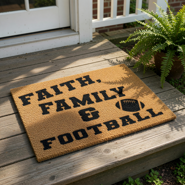 Faith Family and Football doormat featuring bold black text and a sports ball graphic on a natural coir fiber welcome mat, perfect for a front porch entrance or home decor for sports fans who love game day and fall season vibes.