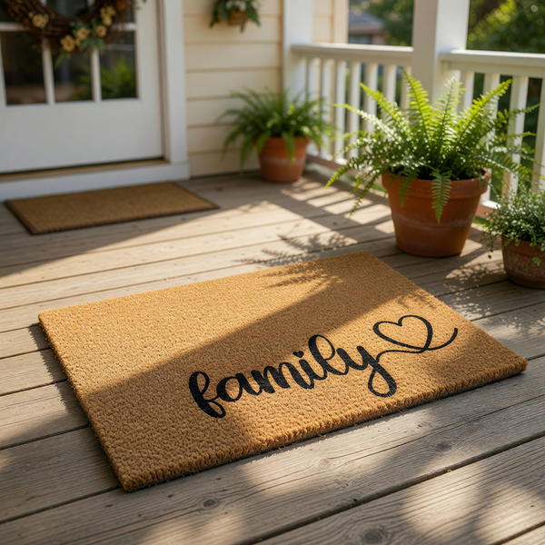 Family heart doormat made of natural coir fiber, featuring a stylish script font and a simple heart icon for a modern home entrance, this durable outdoor welcome mat is a functional floor rug for your front porch or entryway