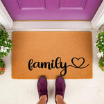 Family coir doormat with a heart design, featuring natural fiber construction for a front porch welcome mat.