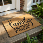 Family A Journey To Forever coir doormat with black script text, this natural fiber welcome mat is a durable outdoor floor rug for your front porch entry, providing a rustic home decor accent for any house entrance or