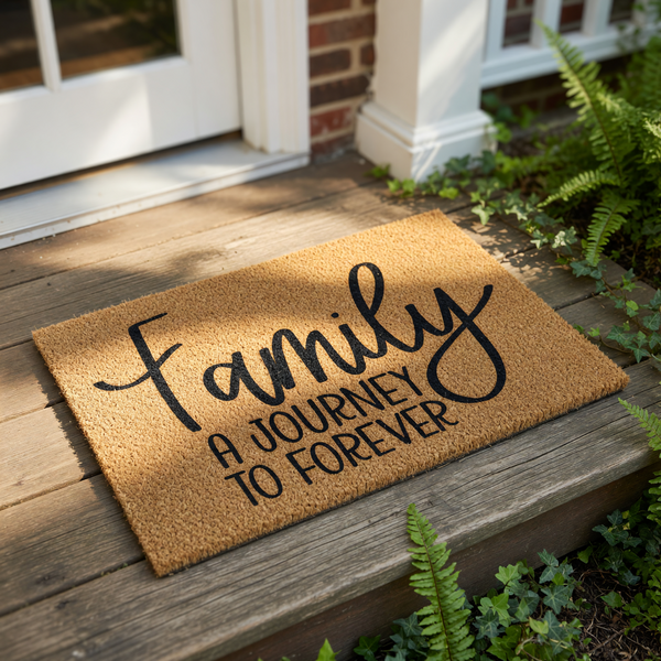 Family A Journey To Forever coir doormat with black script text, this natural fiber welcome mat is a durable outdoor floor rug for your front porch entry, providing a rustic home decor accent for any house entrance or