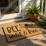 Bee wild and free doormat featuring a cute insect graphic on natural coir fiber, this outdoor welcome mat is a stylish front porch rug for nature lovers who want a rustic, decorative, and functional entryway floor covering for