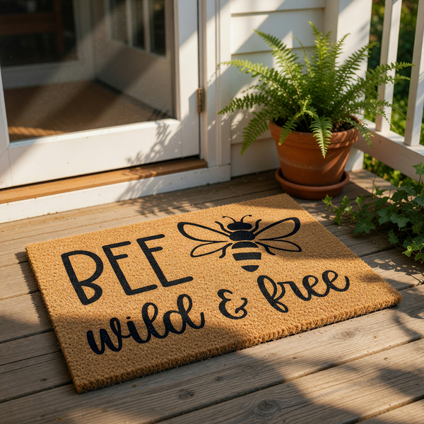 Bee wild and free doormat featuring a cute insect graphic on natural coir fiber, this outdoor welcome mat is a stylish front porch rug for nature lovers who want a rustic, decorative, and functional entryway floor covering for