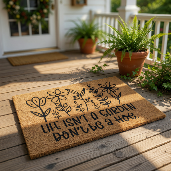 Funny garden doormat with black floral line art and the text Life Isn't A Garden Don't Be A Hoe, this natural coir welcome mat is a cheeky outdoor rug for your front porch entry that adds humor to your home decor and outdoor