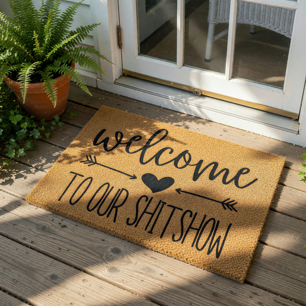 Funny welcome to our shitshow doormat made of natural coir fiber, featuring a bold black script design with an arrow and heart icon for a humorous front porch decor piece that serves as a unique housewarming entry rug for your