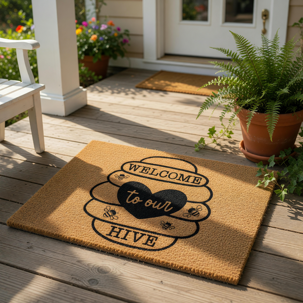 Beehive Welcome to Our Hive doormat featuring a cute honey bee design on natural coir fiber, this rustic outdoor welcome mat is a charming front porch decor piece for any home entrance looking for a sweet nature-inspired look.