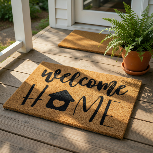 Welcome Home coir doormat with a house and heart icon, featuring natural fiber construction for a front porch entry.