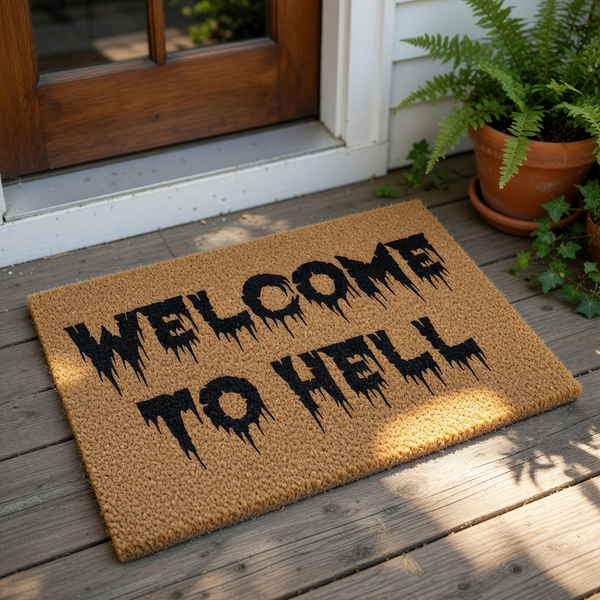 Funny Welcome to Hell doormat with black dripping text on natural coir fiber, a sarcastic front porch welcome mat for gothic home decor or spooky housewarming entryways that adds a dark humor touch to your front door step.