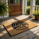 Rainbow welcome to our home doormat featuring a natural coir fiber texture with a bold black printed arch design, this durable outdoor welcome mat is a stylish front porch decor piece for any house entrance or apartment entryway.