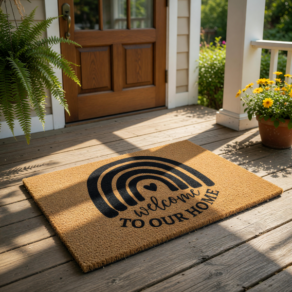 Rainbow welcome to our home doormat featuring a natural coir fiber texture with a bold black printed arch design, this durable outdoor welcome mat is a stylish front porch decor piece for any house entrance or apartment entryway.