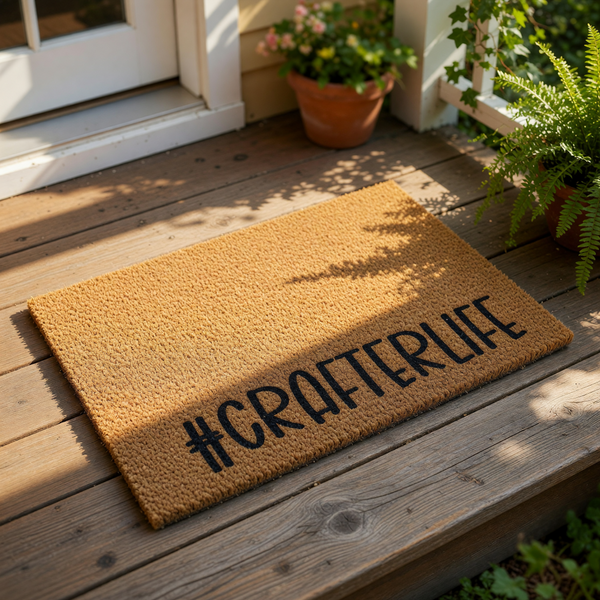 Crafter life doormat featuring a natural coir fiber welcome mat with black text printed on the front, perfect for a craft room entrance or front porch decor for hobbyists who love DIY projects and creative home accessories.