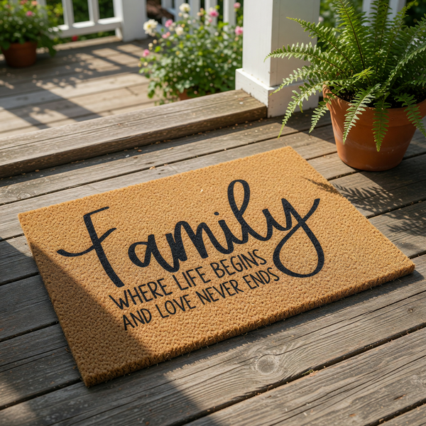 Family welcome doormat with the quote where life begins and love never ends, featuring a natural coir fiber texture and black script lettering for a stylish front porch entry rug or housewarming home decor floor mat.