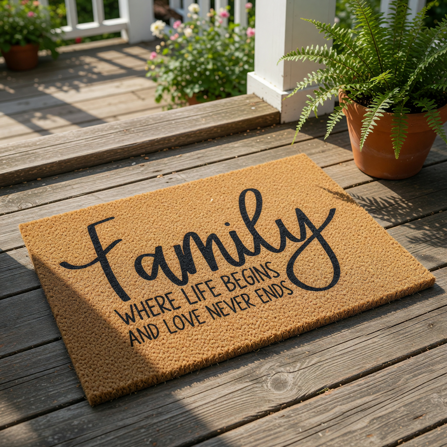 Family welcome doormat with the quote where life begins and love never ends, featuring a natural coir fiber texture and black script lettering for a stylish front porch entry rug or housewarming home decor floor mat.