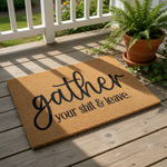 Funny doormat with rude text that says gather your shit and leave, featuring a natural coir fiber welcome mat design for a front porch or entryway that makes a bold statement for guests and adds humor to your home decor and