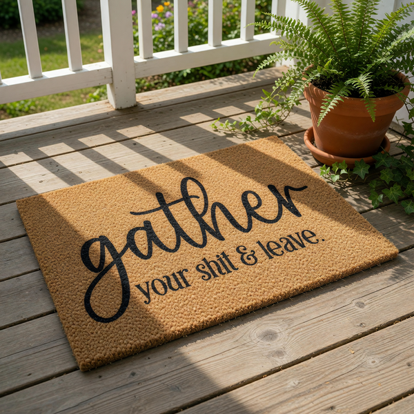 Funny doormat with rude text that says gather your shit and leave, featuring a natural coir fiber welcome mat design for a front porch or entryway that makes a bold statement for guests and adds humor to your home decor and