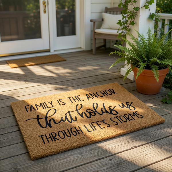 Family is the Anchor doormat with natural coir fiber texture, featuring black printed text that reads Family is the Anchor that holds us through life's storms, a durable outdoor welcome mat for a front porch or entryway home