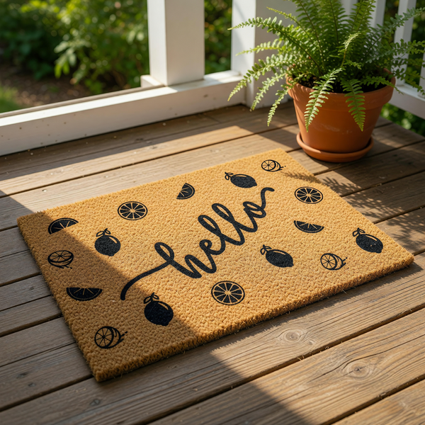 Hello lemon doormat featuring a natural coir fiber texture with a black printed citrus fruit pattern and script text, making this a stylish outdoor welcome mat for your front porch entry or home decor entryway floor.