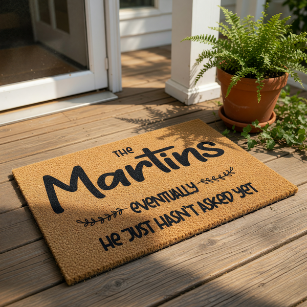 Personalized family name doormat featuring funny quote text on a natural coir welcome mat, perfect for a housewarming gift or front porch decor, with durable fibers and a non-slip backing for a stylish and functional entryway