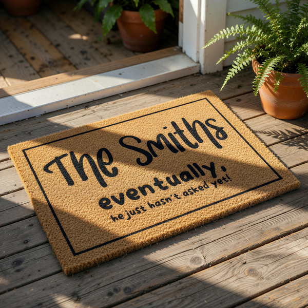 Personalized funny doormat with custom family name text, featuring a natural coir fiber welcome mat for front porch entryways, this humorous housewarming floor rug makes a witty statement for any home entrance or apartment door
