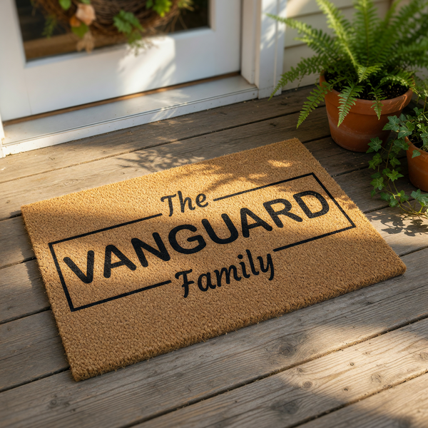 Personalized family name doormat featuring a natural coir fiber texture with black text inside a rectangular border, making this custom welcome mat a durable outdoor floor rug for your front porch entrance and home decor entryway.