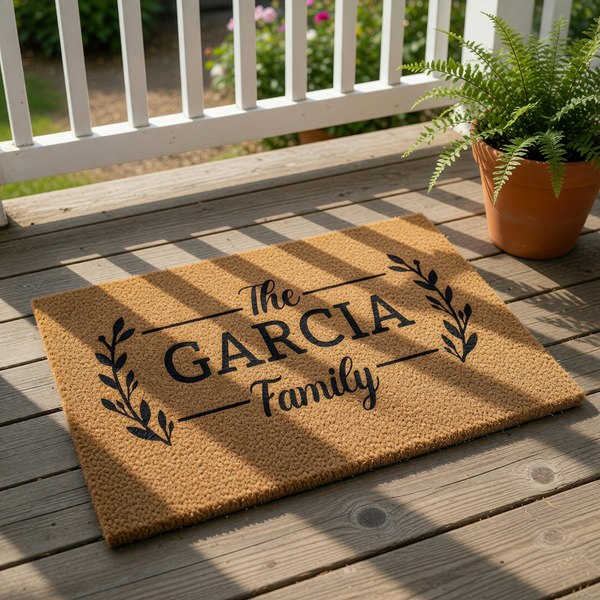 Personalized family name coir doormat featuring a classic laurel leaf design, this custom outdoor welcome mat is a durable natural fiber floor rug for your front porch entry, perfect for housewarming decor and home entrance