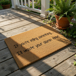 Funny doormat with text If you are selling something I will waste your damn time, a natural coir fiber welcome mat for front porch entryways that serves as a humorous home decor piece for visitors and solicitors at your front
