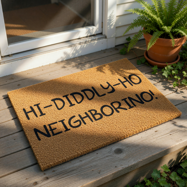Funny welcome doormat featuring the phrase Hi-Diddly-Ho Neighborino in bold black text on a natural coir fiber mat, perfect for a front porch entrance or housewarming decor that adds a humorous touch to your home entryway floor.