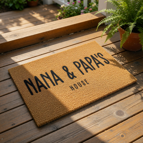 Nana and Papa's House doormat, a personalized coir welcome mat for grandparents featuring bold black text on a natural fiber rug, ideal for a front porch entry or housewarming gift for a Nana and Papa home entrance.