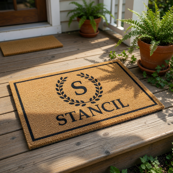 Personalized family name coir doormat featuring a classic laurel wreath monogram design on a natural fiber welcome mat, perfect for front porch decor and housewarming entryways to provide a stylish, durable outdoor floor covering.