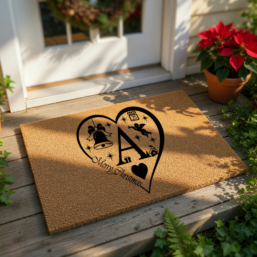 Personalized Christmas doormat featuring a large heart design with a central letter, holiday bell, and angel icon on natural coir fiber, making a festive front porch welcome mat for the winter holiday season and home decor.