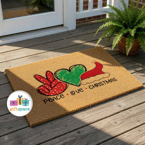 Peace Love Christmas doormat featuring a red polka dot peace sign, a green heart, and a red holiday hat on natural coir fiber, making this festive outdoor welcome mat a fun seasonal home decor piece for your front porch entry.