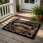 a decorative black and gold welcome mat with the word "WELCOME" prominently displayed in the center.