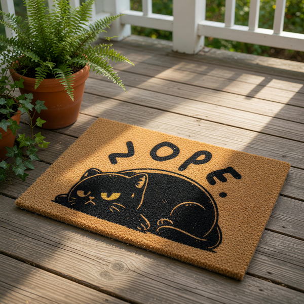 Funny cat doormat featuring a grumpy black cat illustration and the word Nope printed in black ink on a natural coir fiber welcome mat, perfect for a humorous front porch entrance or a cat lover home decor gift.