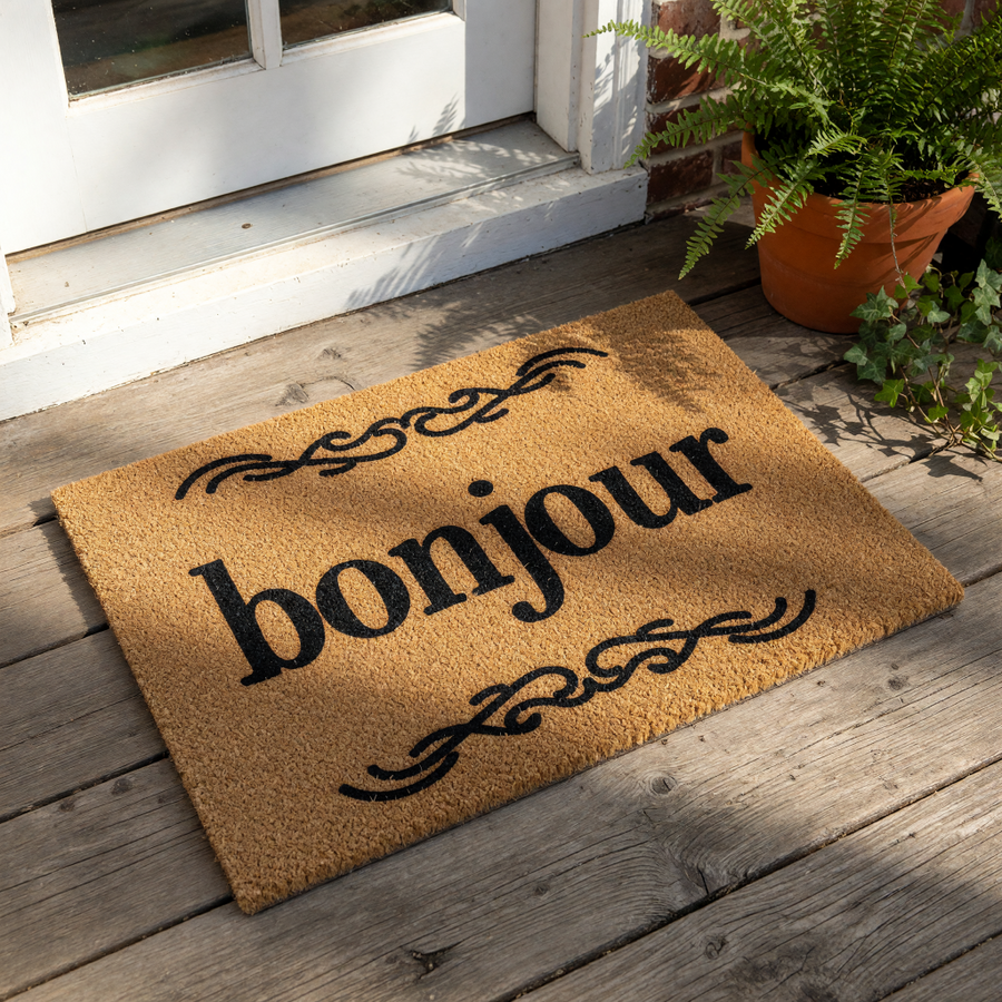 Bonjour coir doormat for front porch entry, featuring a natural fiber welcome mat with black script text and decorative flourishes, perfect for a stylish home entrance or outdoor decor on a wood deck or patio floor.