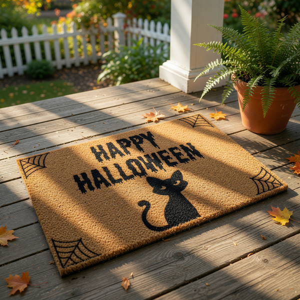 Happy Halloween coir doormat featuring a black cat silhouette and spider web corner designs, this natural fiber welcome mat is a festive fall porch decor piece for your front door entrance during the spooky autumn holiday season.