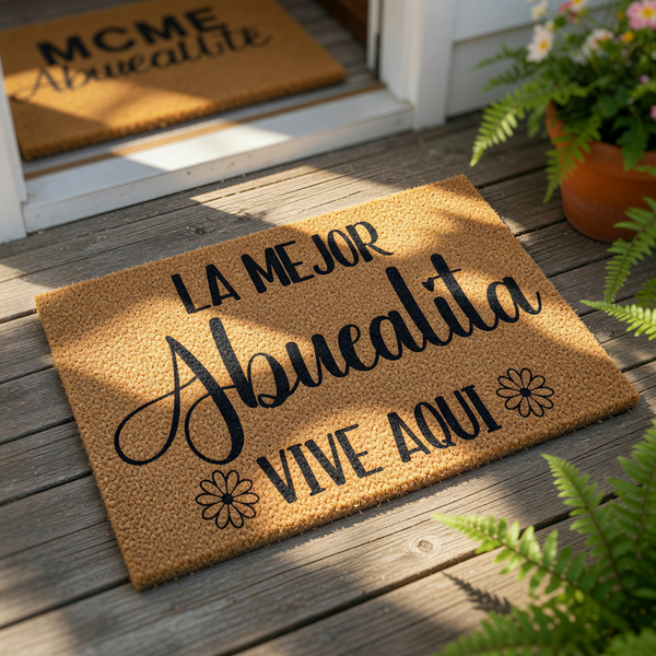 Abuelita coir doormat featuring a natural fiber texture and black printed text that reads La Mejor Abuelita Vive Aqui, making this a stylish outdoor welcome mat for a grandmother's front porch or entryway home decor.
